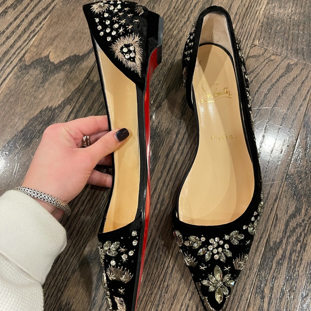 Christian Louboutin Black velvet rhinestone embroidered flats